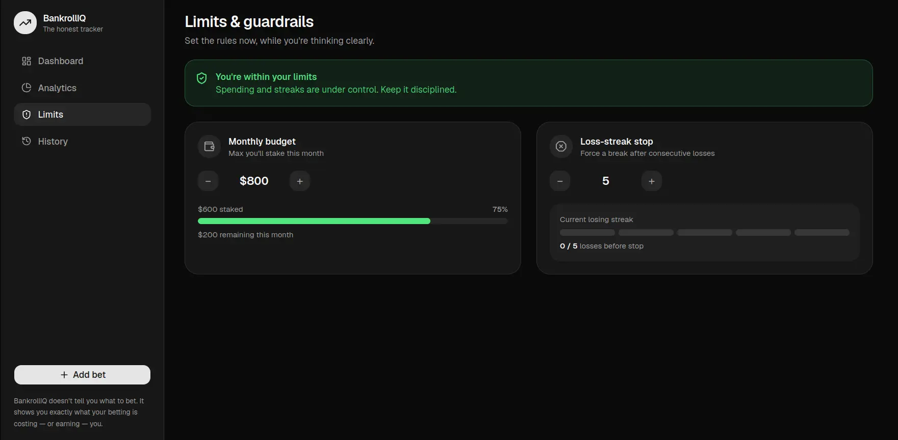 BankrollIQ limits screen with monthly budget and loss-streak guardrails