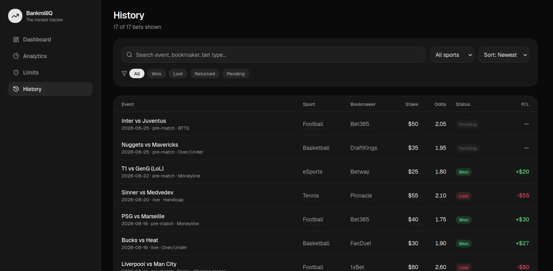 BankrollIQ history screen with searchable bet rows and settlement status