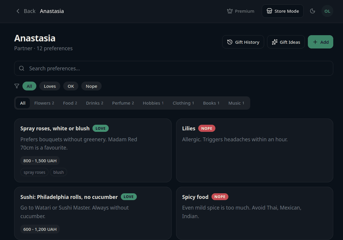 Preferra gift ideas view with AI-powered suggestions and saved options