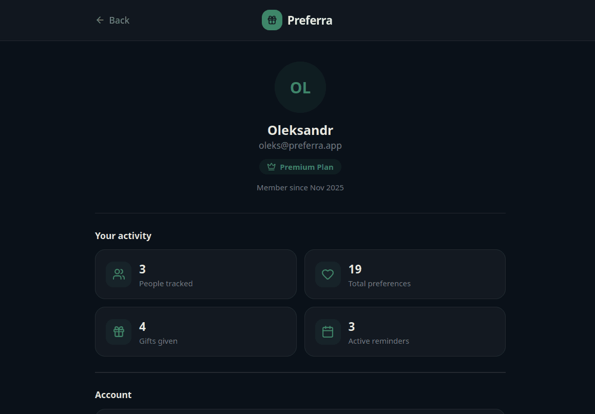 Preferra person profile with interests, dates, and gift history details