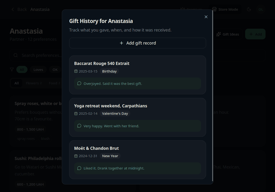Preferra subscription or premium planning screen for advanced gifting features